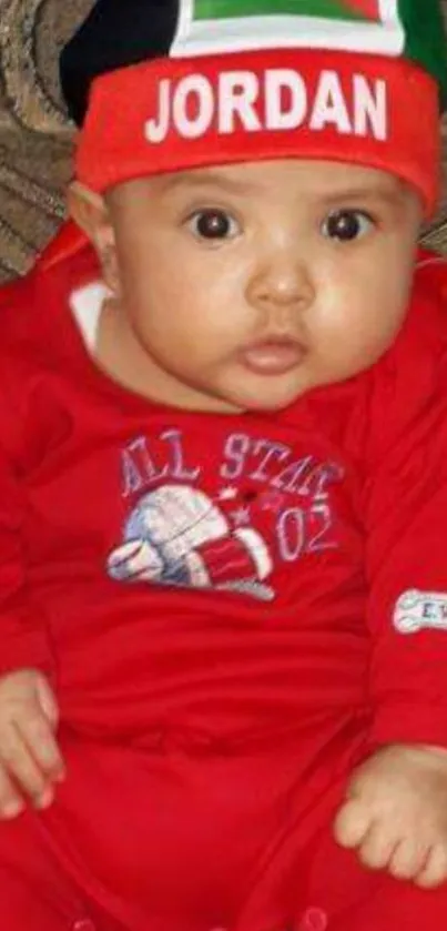 Adorable baby wearing a red outfit and a flag-themed hat.