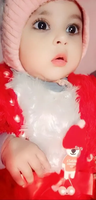 Adorable baby in fluffy red outfit closeup.