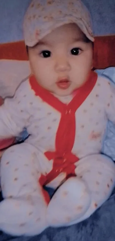 Adorable baby in a red outfit, sitting up with a playful expression.