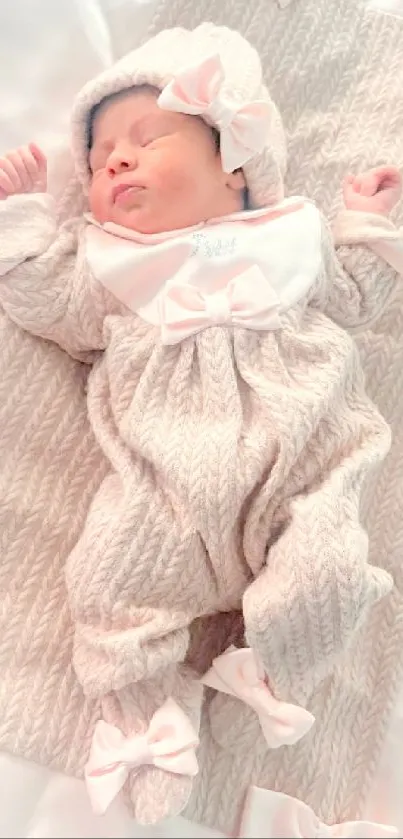 Adorable baby in a soft knit outfit, peacefully sleeping.