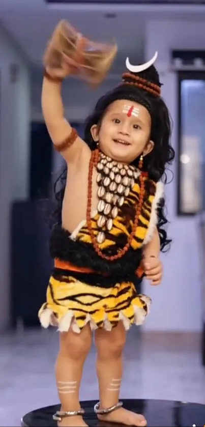 Adorable baby in a tiger-themed costume posing playfully indoors.