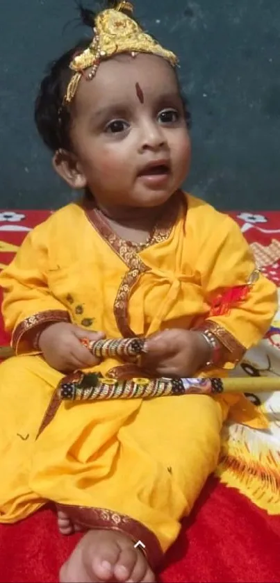 Adorable baby in yellow traditional outfit sitting on a bright patterned background.