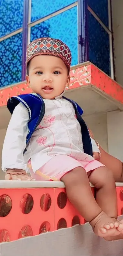Cute baby in vibrant traditional attire against a colorful backdrop.