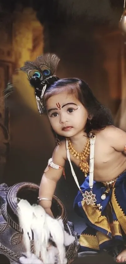 Adorable baby in traditional attire with cultural backdrop.