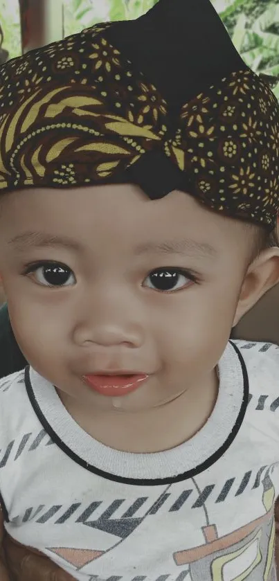 Cute baby in traditional hat close-up.