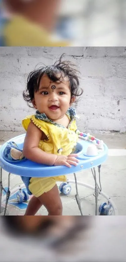 Adorable baby smiling while in a walker.