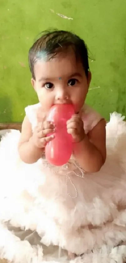 Cute baby in white dress with pink balloon on green background.