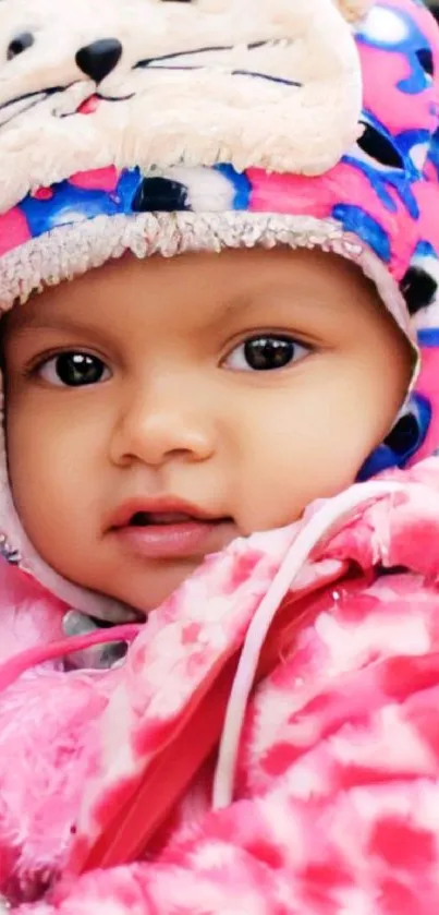 Adorable baby in colorful winter hat and pink outfit.