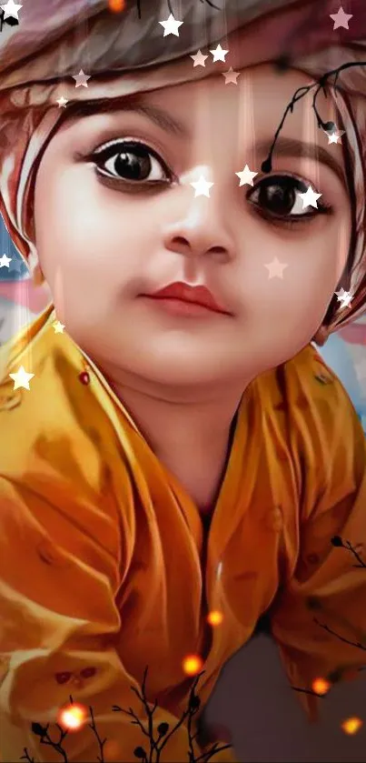 A cute baby in a yellow outfit with a starry, artistic background.