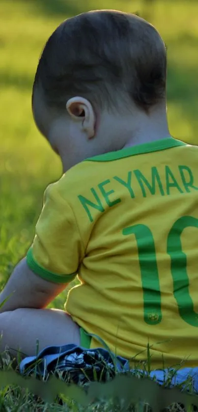 Baby in yellow jersey sitting on green grass.