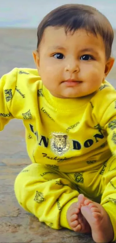 Cute baby in a yellow outfit, sitting with a smile.