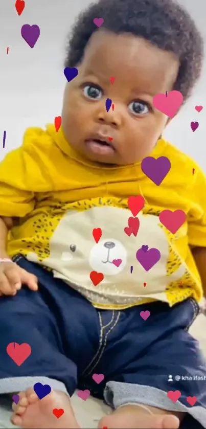 Adorable baby in a yellow shirt with a cute expression.