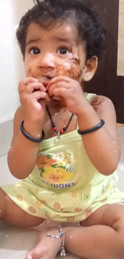 Cute baby in a green outfit sitting and playing indoors.