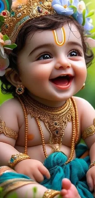 Smiling baby Krishna with floral crown and vibrant colors.