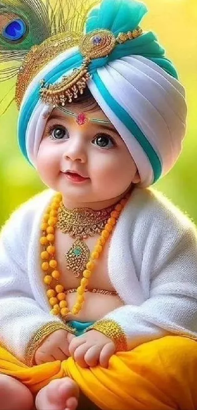 Cute Baby Krishna in vibrant attire, smiling joyfully.