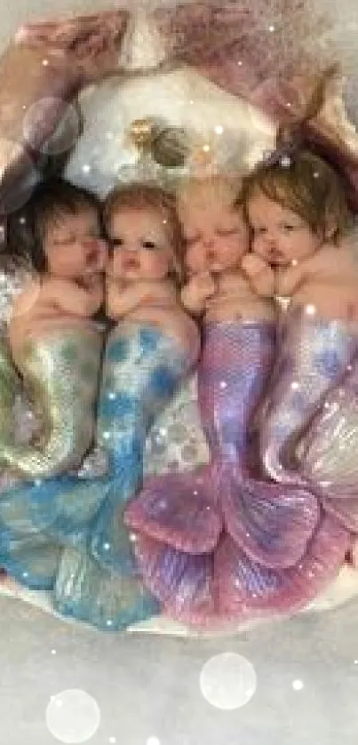 Adorable baby mermaids nestled in a seashell with pastel colors.