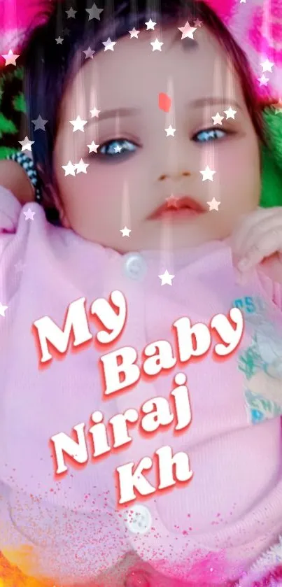 Adorable baby with stars and text design on pink mobile wallpaper.