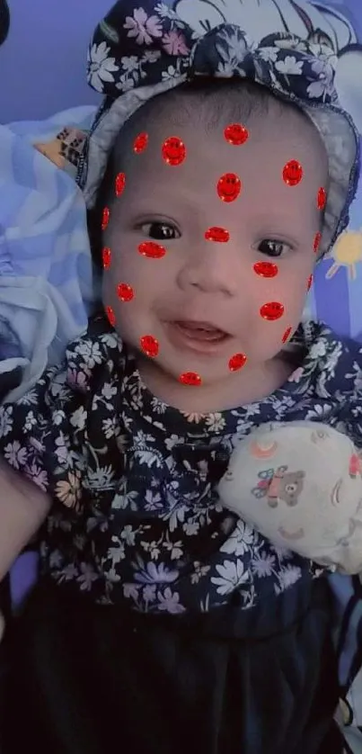 Adorable baby in floral outfit with playful background.