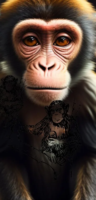 Realistic baby monkey portrait with captivating eyes on a mobile wallpaper.