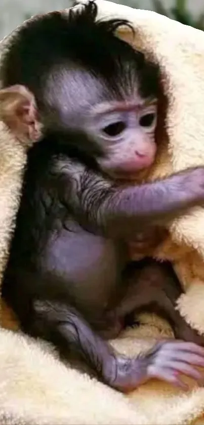 Baby monkey wrapped snugly in a yellow towel.