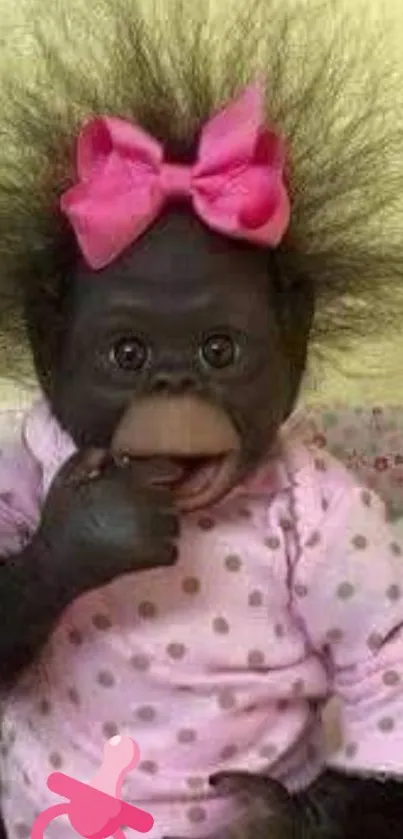 Adorable baby monkey with pink bow in polka dot outfit.