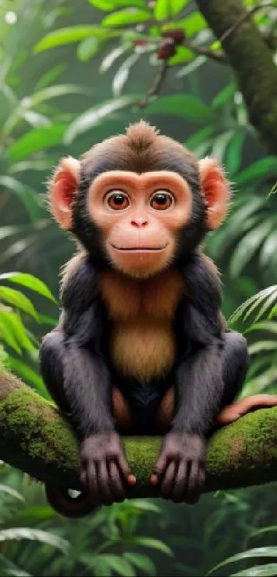 Cute monkey sitting on a jungle branch surrounded by lush greenery.