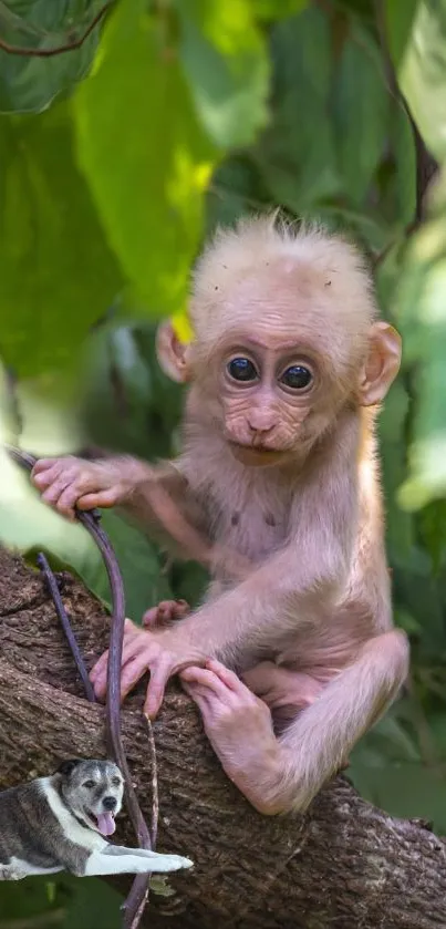 Adorable baby monkey on tree branch with lush green foliage.