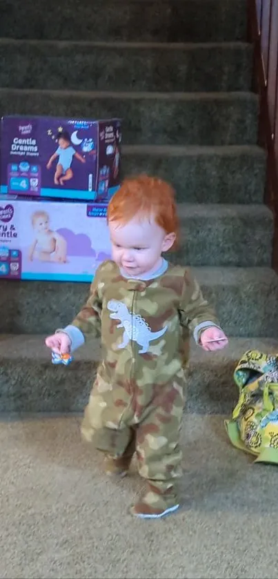 Adorable baby in camouflage romper on carpeted stairs.