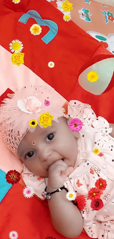 Adorable baby lying on a colorful play mat.