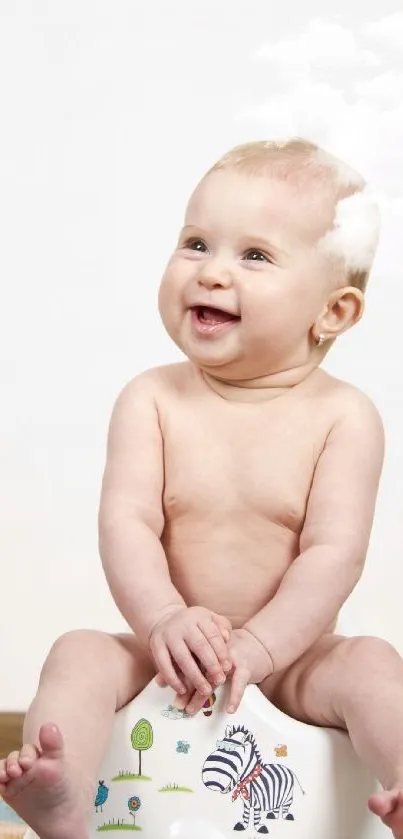 Adorable smiling baby sitting on a decorative potty chair.