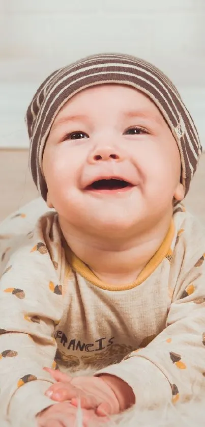 Adorable baby smiling on a fluffy rug.