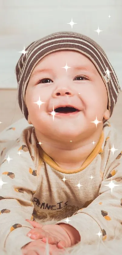 Adorable smiling baby on a soft, fluffy rug.