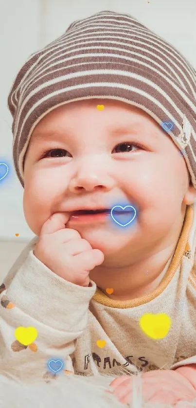 Adorable baby wearing a striped hat on a soft fluffy rug, smiling happily.