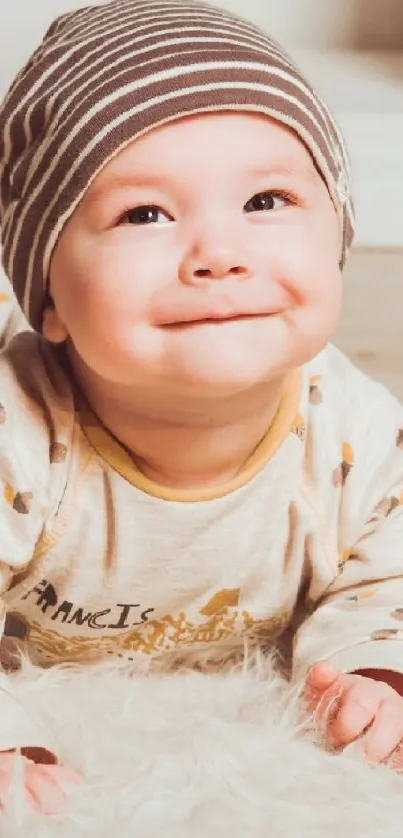 Adorable baby in hat smiling on soft fluffy rug.