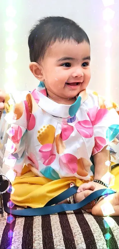 Adorable baby in colorful outfit on a striped brown couch.