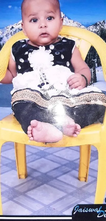 Cute baby sitting on yellow chair with mountain background.