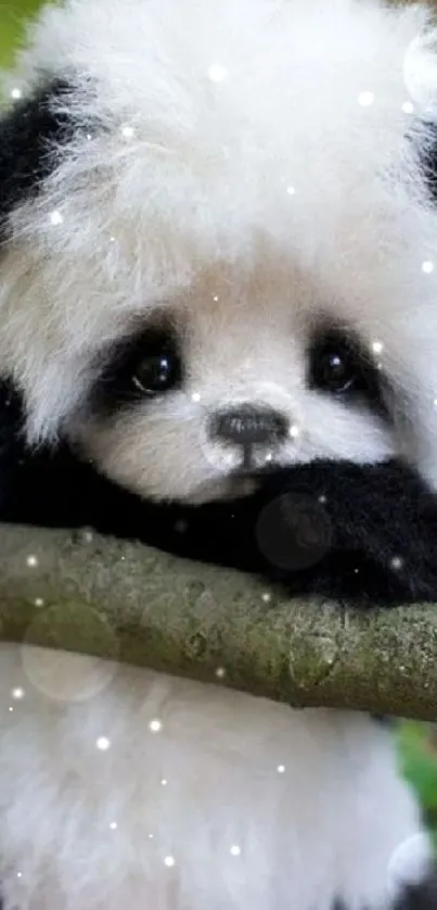 Adorable baby panda sitting on a branch.