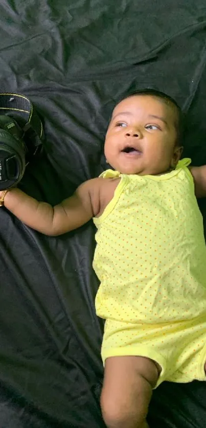 Cute baby in yellow outfit with a camera on a black background.