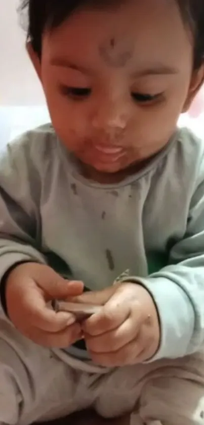 Adorable baby playing with hands, focused and joyful expression.