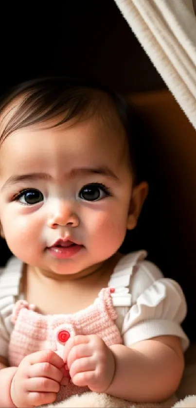 Adorable baby portrait with soft lighting and beige background.