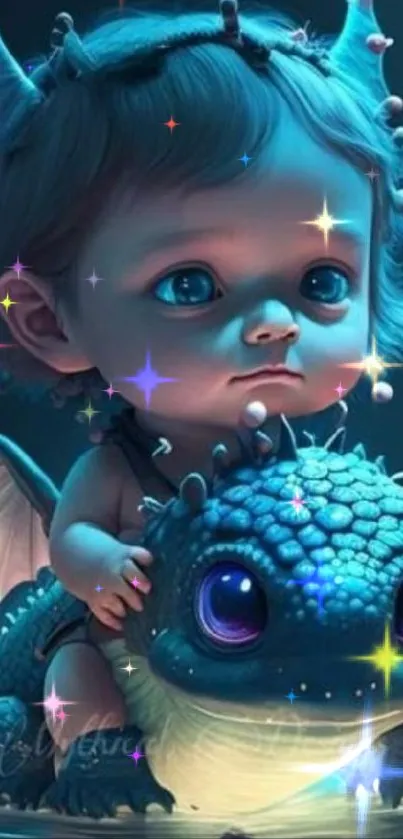 Cute baby on blue dragon, fantasy art.