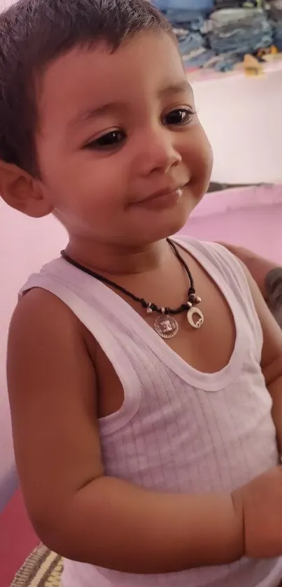 Adorable baby smiling in a colorful room.