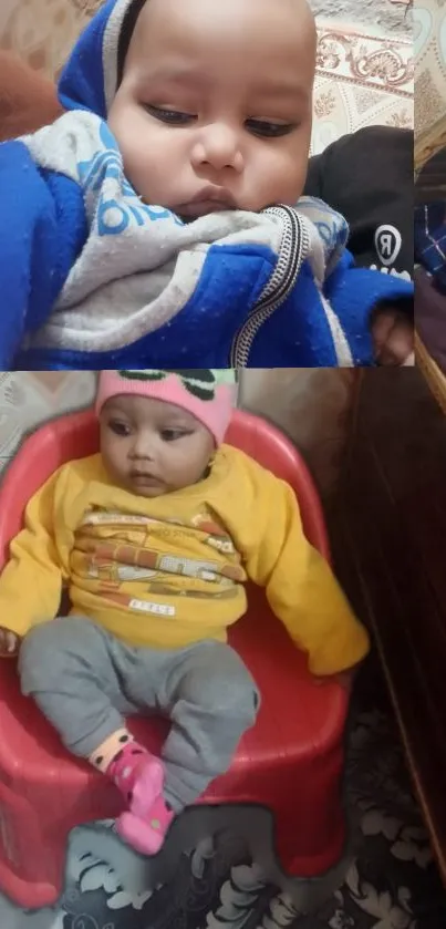 Adorable baby in colorful outfit sitting on a small chair.