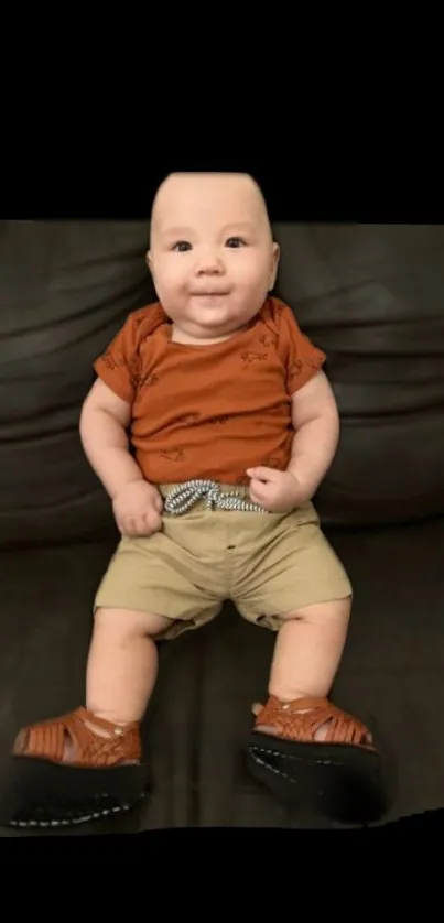 Adorable baby sitting on a leather couch in cute outfit.