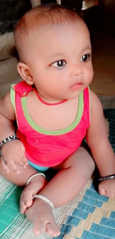 Adorable baby in vibrant red top sitting on a colorful mat.