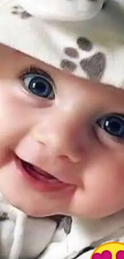 Adorable baby with a big smile wearing a paw-patterned hat.