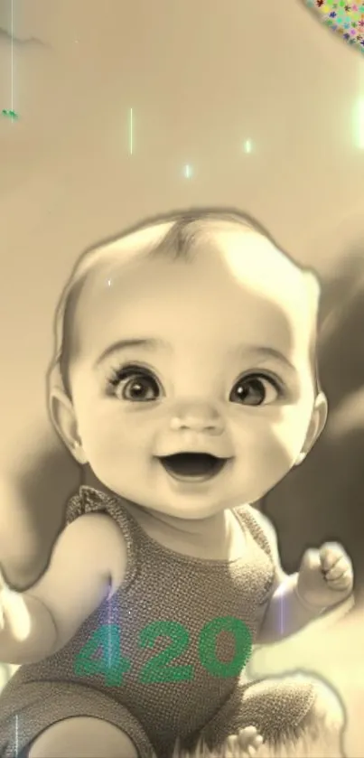 Smiling baby in sepia-tone background with playful elements.