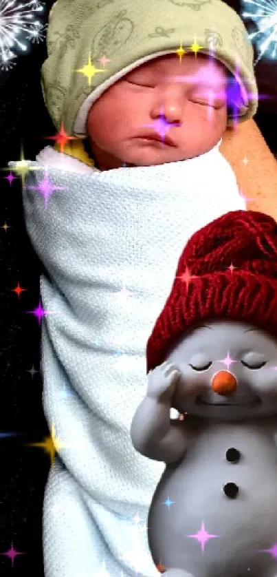 Sleeping baby with snowman hat and festive decorations.