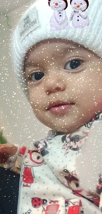 Adorable baby with a snowy sparkle effect in a winter themed wallpaper.