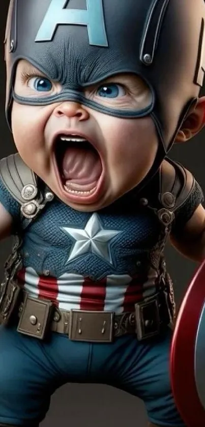 Cute baby in superhero costume holding a shield, perfect for mobile wallpaper.